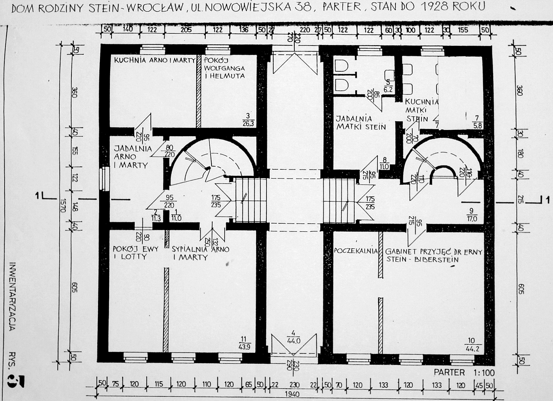 Plan domu Steinów przy Michaelisstrasse 38 we Wrocławiu przed 1928 rokiem, parter, archiwum Towarzystwa im. Edyty Stein we Wrocławiu. 