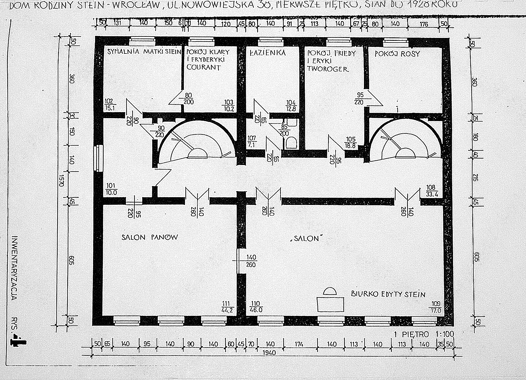 Plan domu Steinów przy Michaelisstrasse 38 we Wrocławiu przed 1928 rokiem, I piętro, archiwum Towarzystwa im. Edyty Stein we Wrocławiu.  