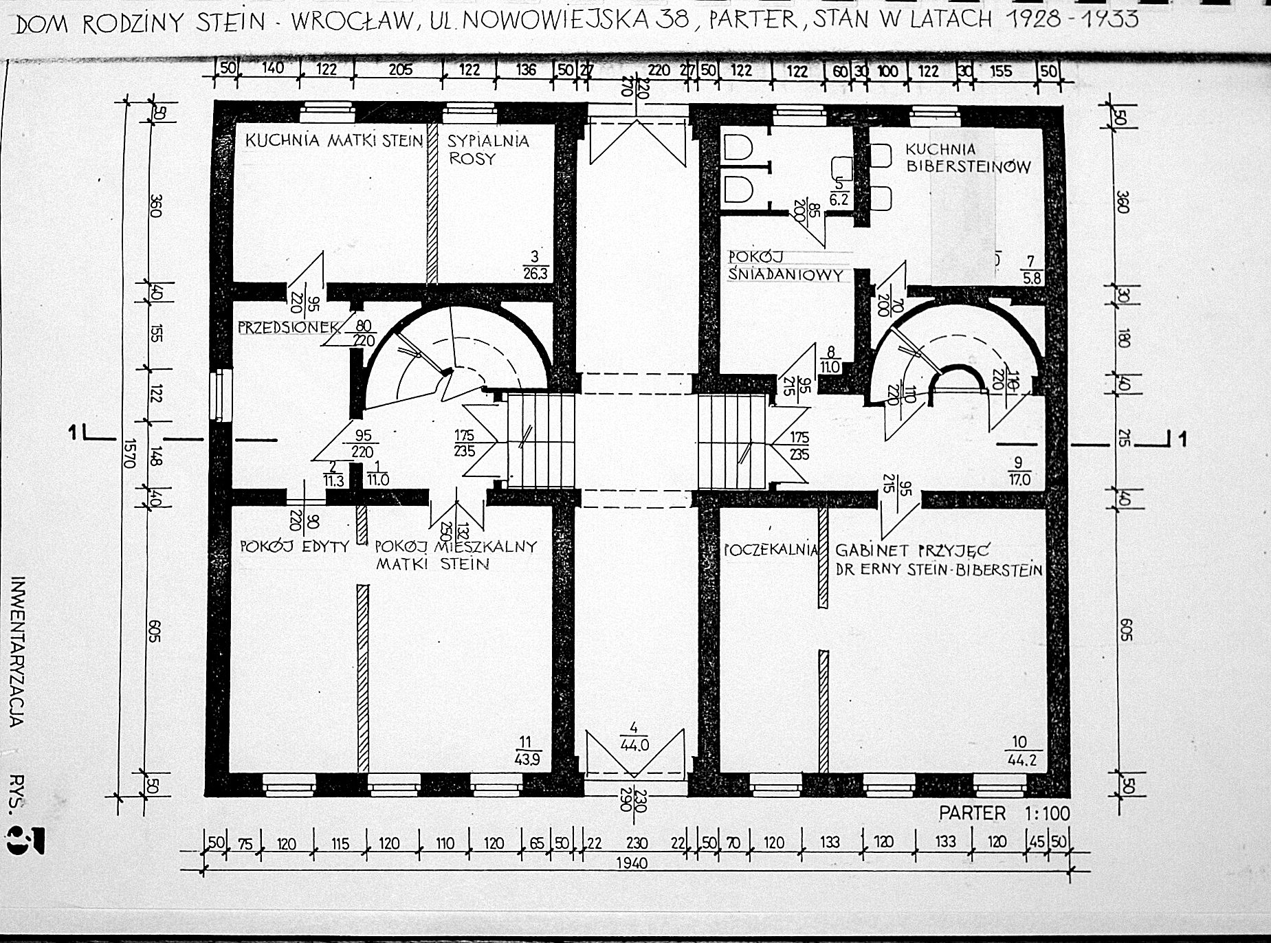 Plan domu Steinów przy Michaelisstrasse 38 we Wrocławiu w latach 1928-1933, parter, archiwum Towarzystwa im. Edyty Stein we Wrocławiu.   