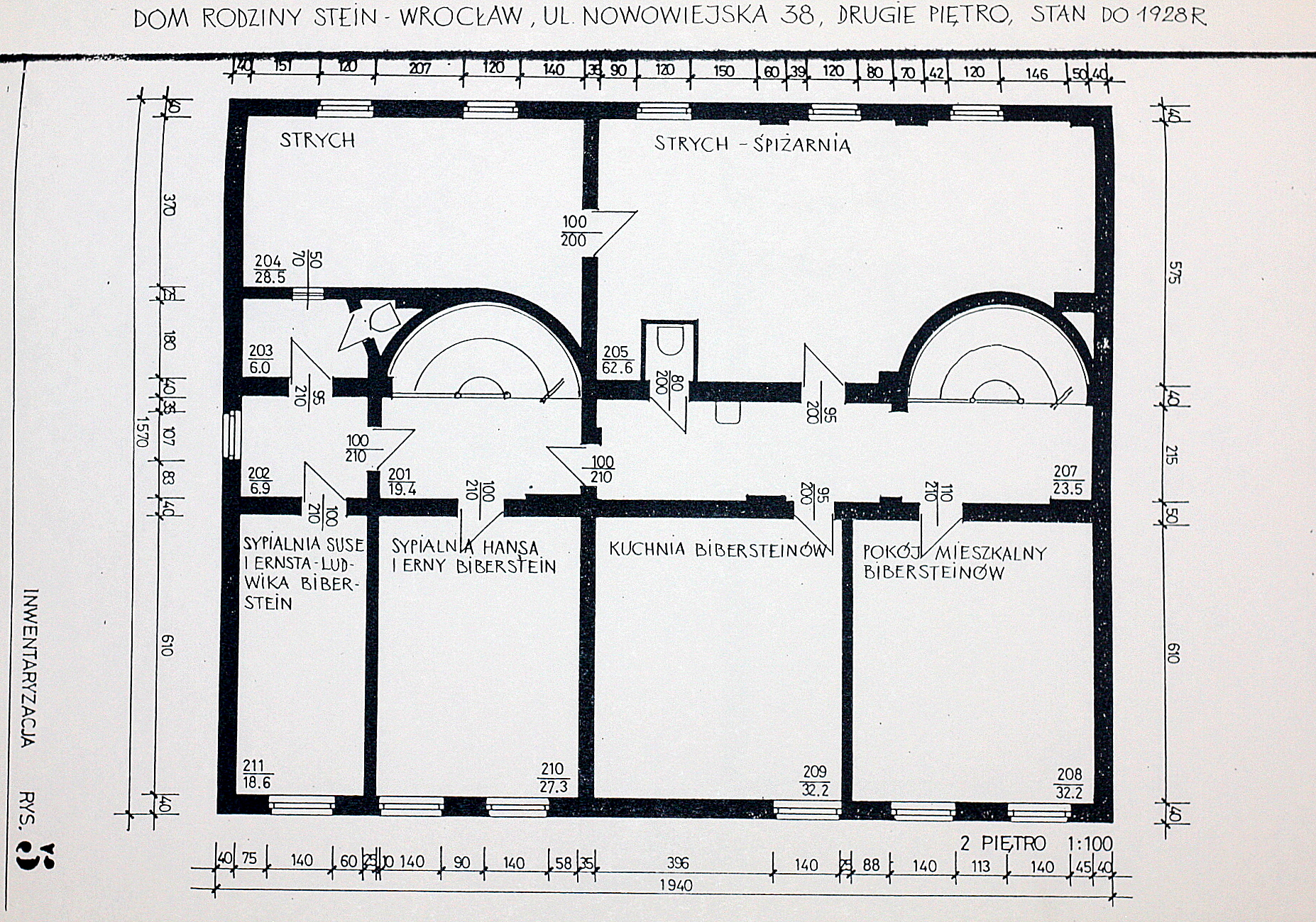 Plan domu Steinów przy Michaelisstrasse 38 we Wrocławiu przed 1928 rokiem, II piętro, archiwum Towarzystwa im. Edyty Stein we Wrocławiu. 